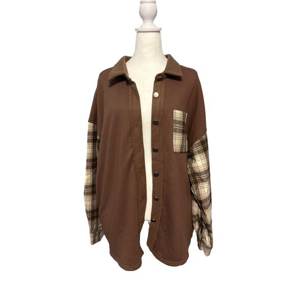 Papermoon Shacket Women’s Size Large Brown Plaid Sleeves & Pockets Mix Media NWT - Picture 4 of 8